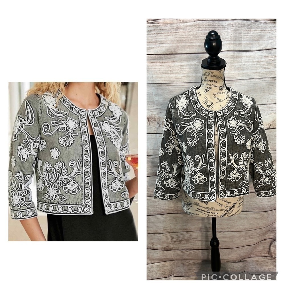 Soft Surroundings Wildwood Bolero Jacket Gray Acid Wash Textured Floral Small